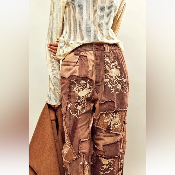 Free People We The Free Mystic Haze Embroidered Pants Floral Patched Brown - Picture 4 of 6